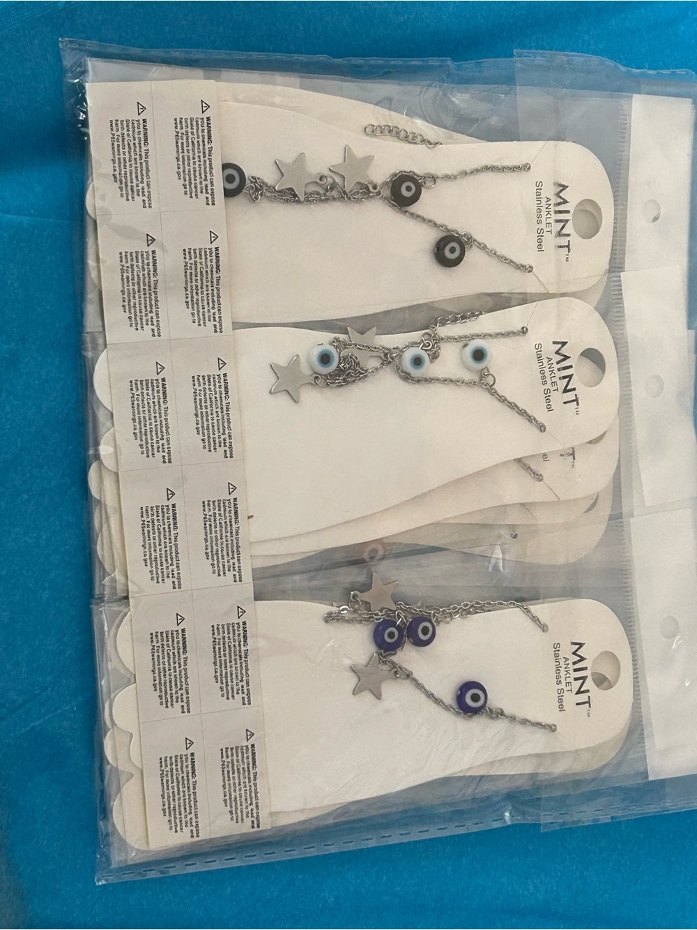 4/$100 Mint Stainless Steel Anklet with Blue Evil Eye and Silver Stars